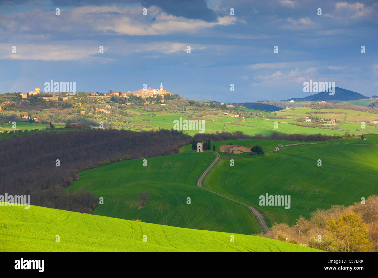 Vitaleta, Italy, Europe, Tuscany, Crete, fields, way, light mood, clouds, shades, church, farm, provincial town Stock Photo