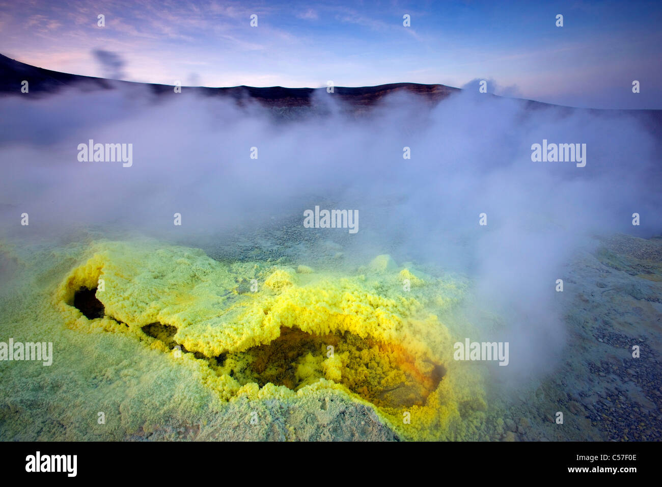 Vulcano, Italy, Europe, Lipari Islands, island, isle, volcano, crater, fumarole, sulphur, sulfur, deposition, steam, vapor, morn Stock Photo