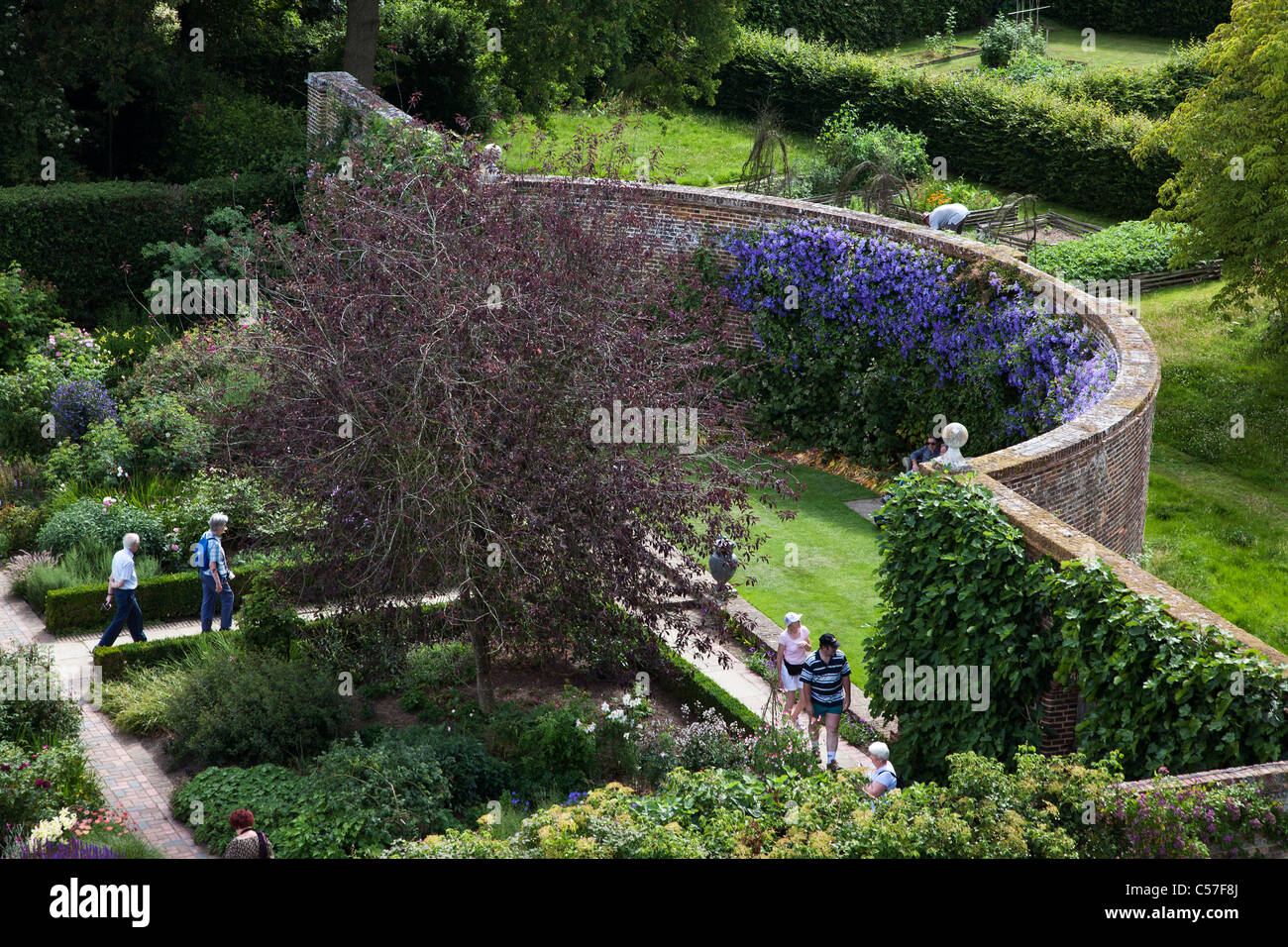 A view from the top of the tower in Sissinghurst castle garden. Looking South West at the Rose garden Stock Photo