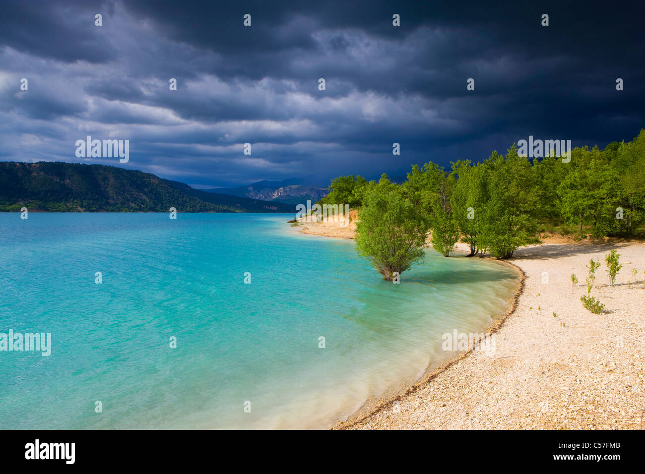 Lac de Sainte Croix, France, Europe, Provence, Alpes-de-Haute-Provence, lake, sea, reservoir, shore, trees, clouds, thunderstorm Stock Photo