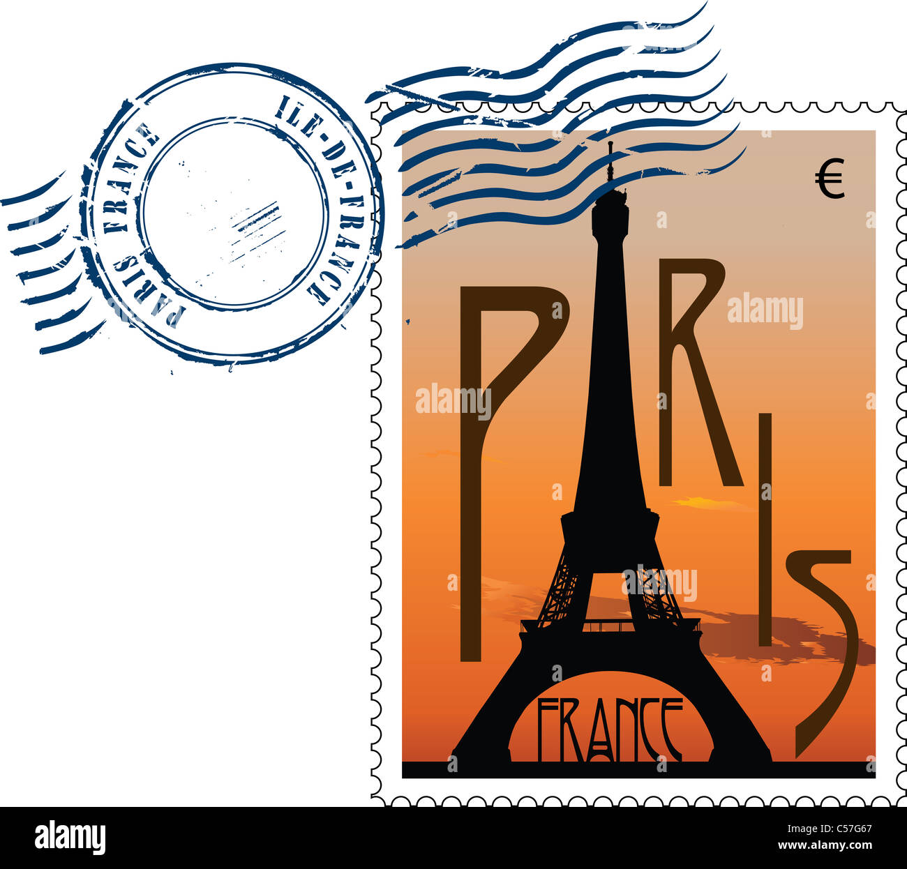 Postmark with sight of eiffel tower at sunset Stock Photo