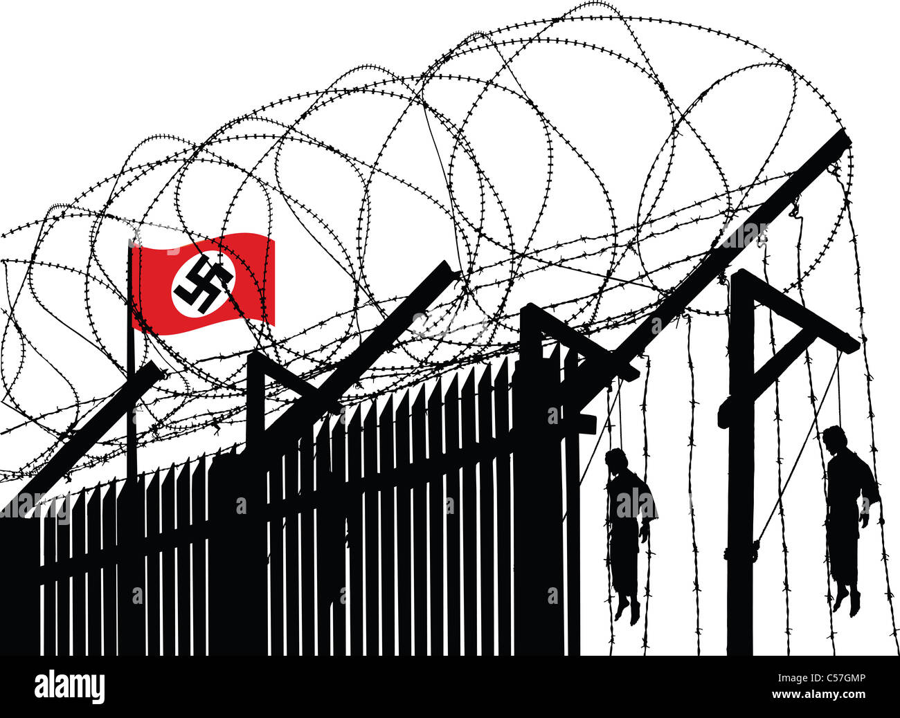 Vector illusration of german concentration camp fence topped with barbed wire and hanged people in background Stock Photo