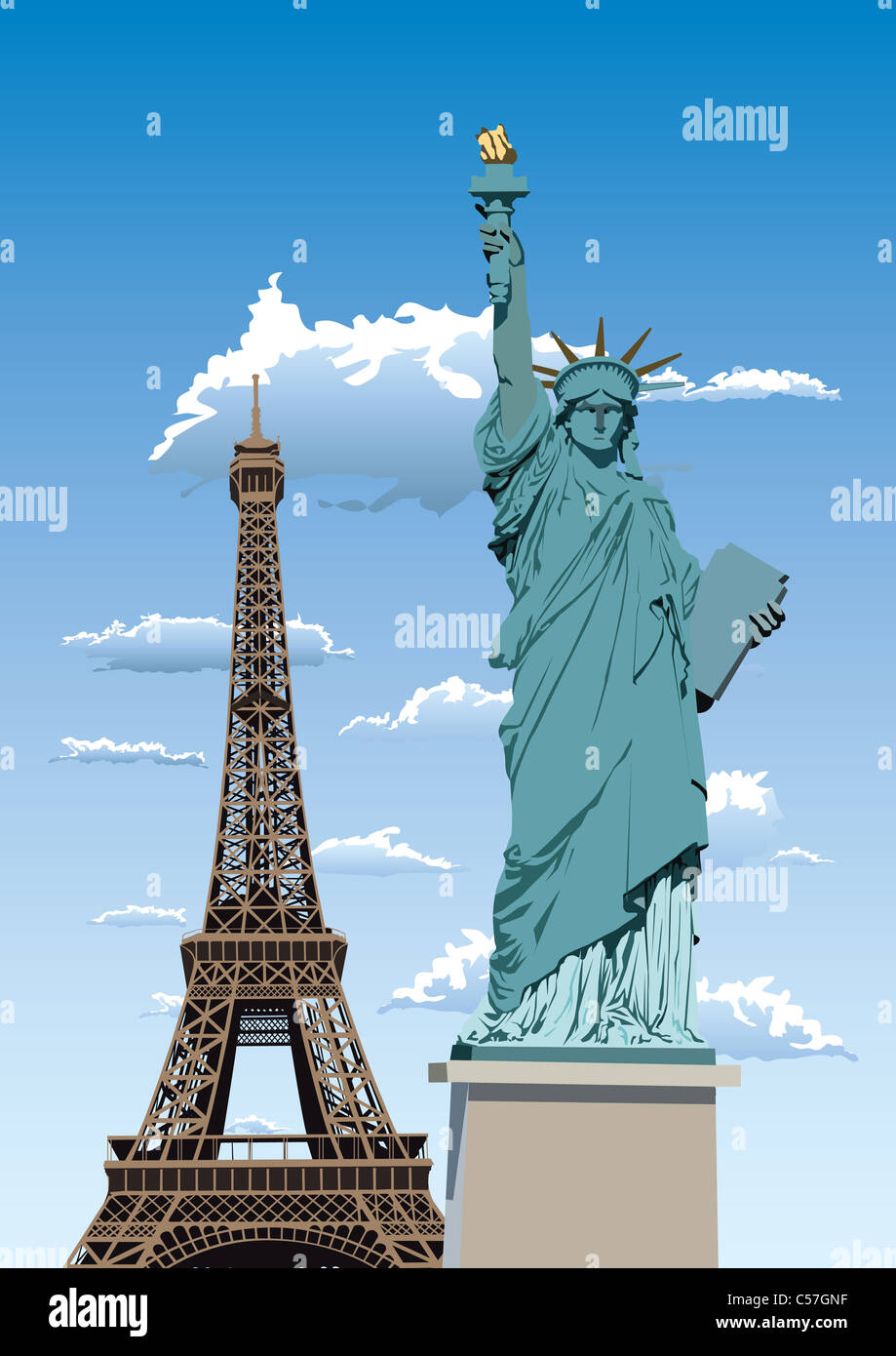 Illustration of Statue of Liberty in Paris smaller sister of famous