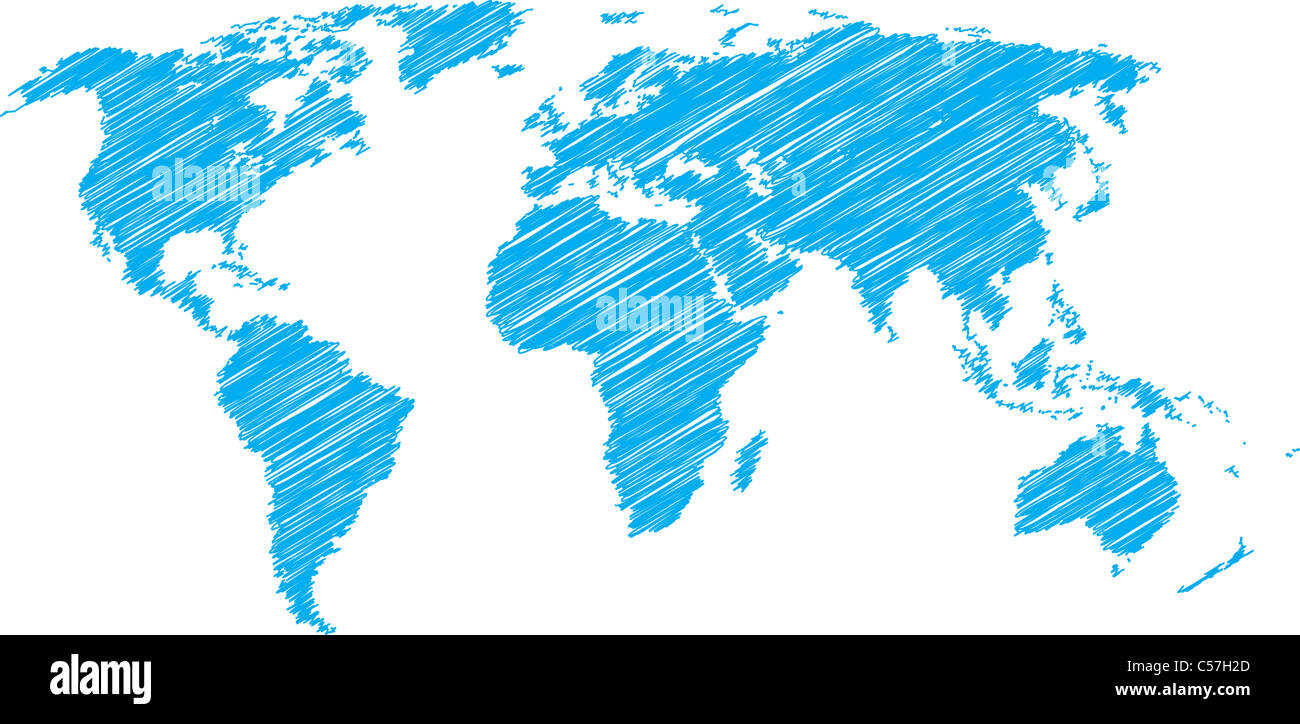 Blue vector scribble sketch of world map Stock Photo - Alamy