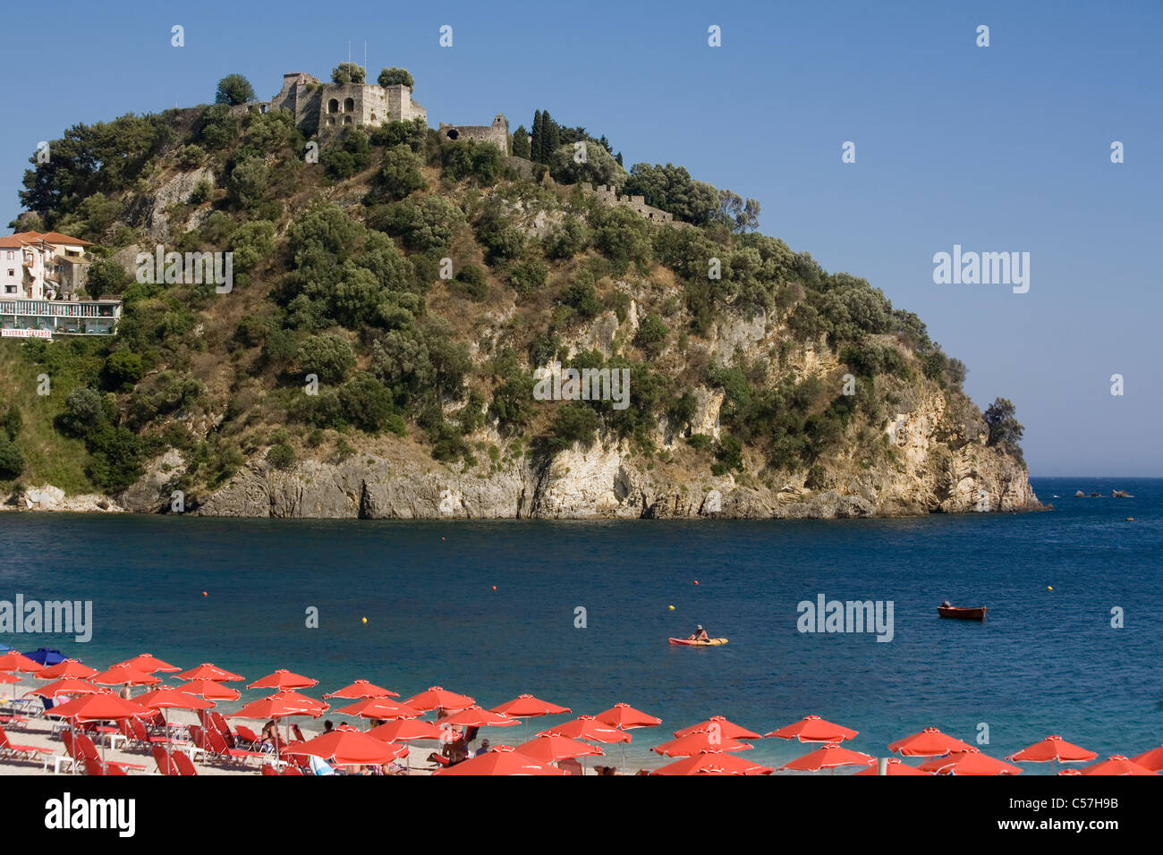 Greece Epiros Parga Valtos beach & castle Stock Photo