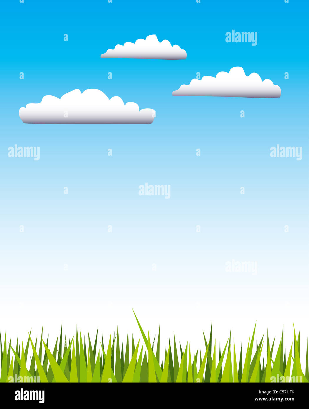 Vector illustration of green grass and blue sky with three white clouds ...