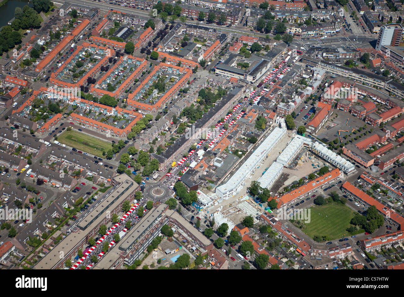 The Netherlands, Utrecht, Market in residential district. Aerial. Stock Photo
