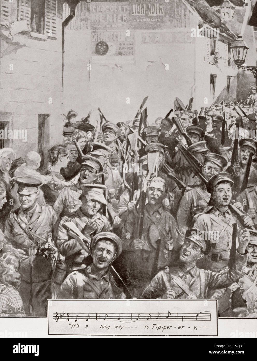 English soldiers marching and singing during the First World War. Inset shows a line from 'It's a Long Way to Tipperary'. Stock Photo