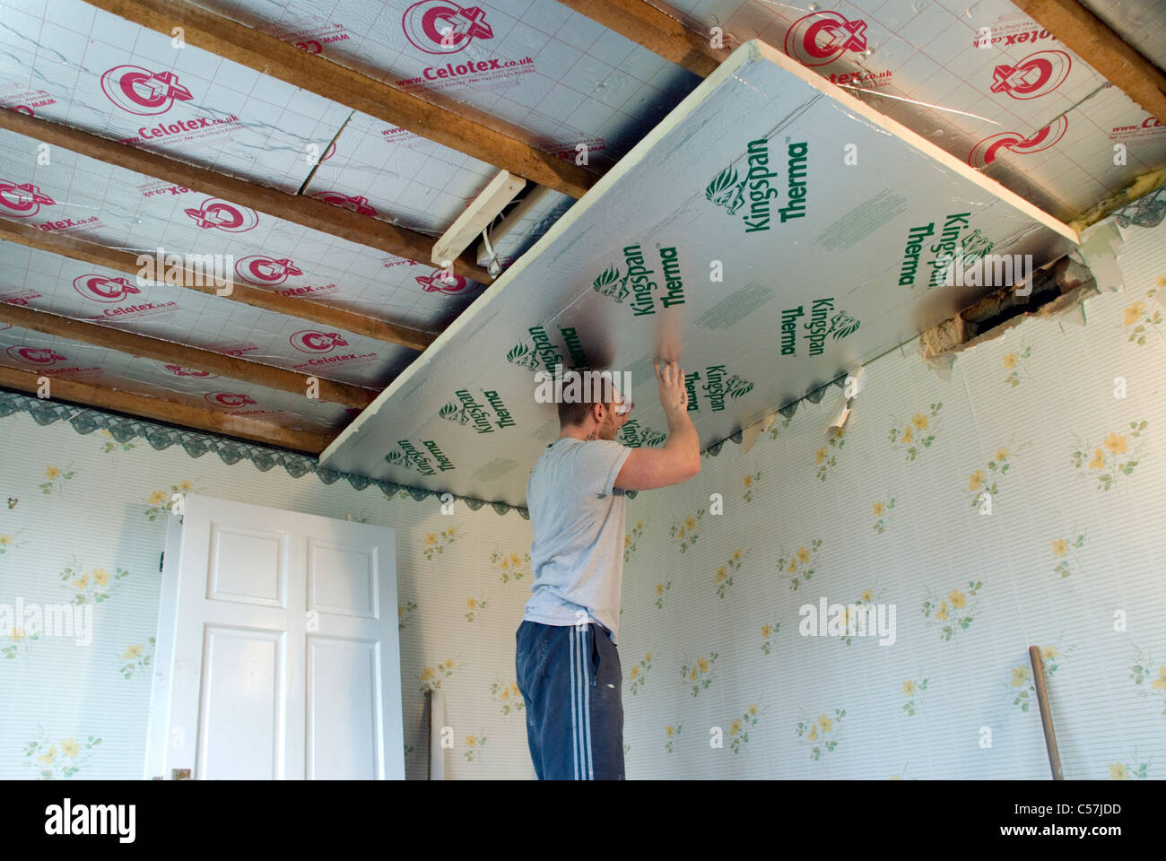 Builders installing high performance Kingspan Therma and Celotex insulation boards to the walls and ceiling of an older house Stock Photo