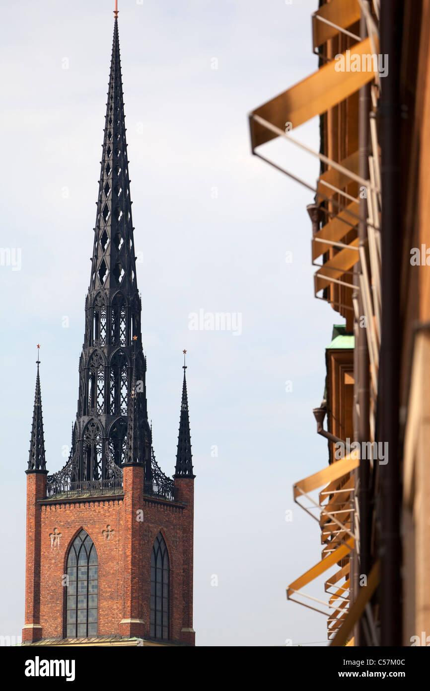 Extraordinary spire of the Riddarholmen Church, Stockholm Sweden Stock Photo