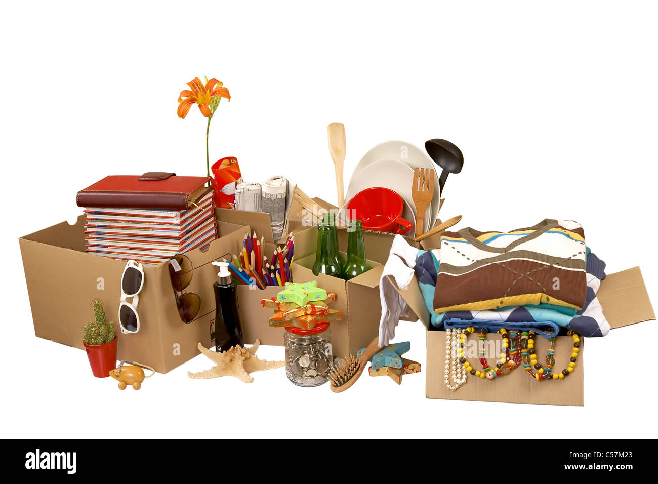 Transport cardboard boxes with books and clothes, relocation concept