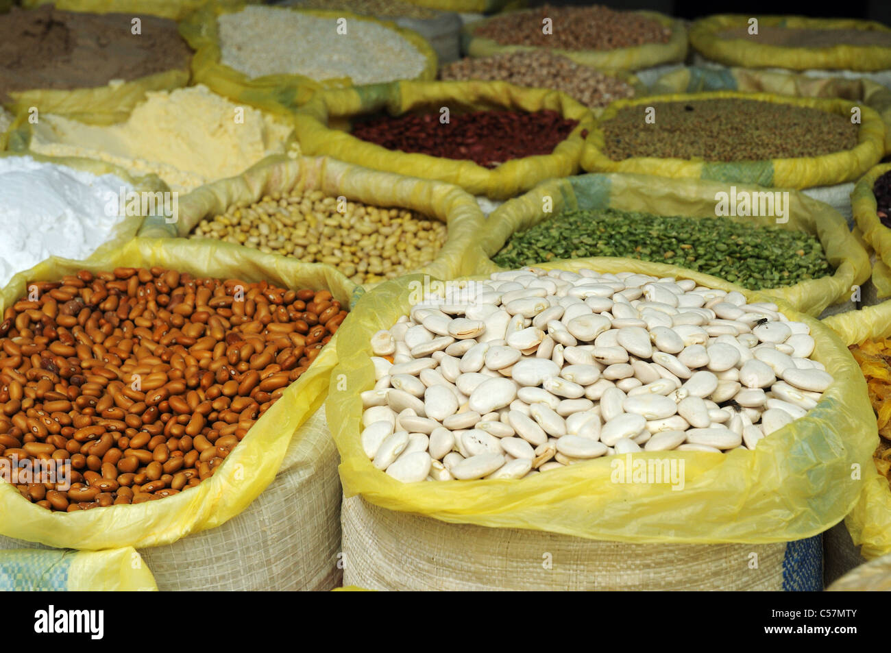 Sacks of beans for sale on a peruvian market Stock Photo Alamy