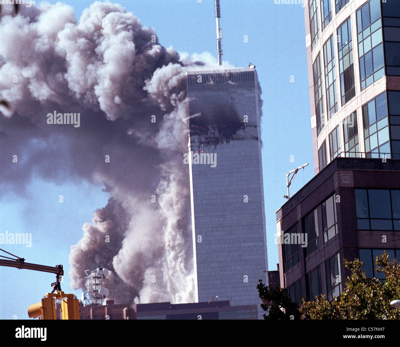 World Trade Center terrorism on September 11, 2001. Tower number two collapses Stock Photo