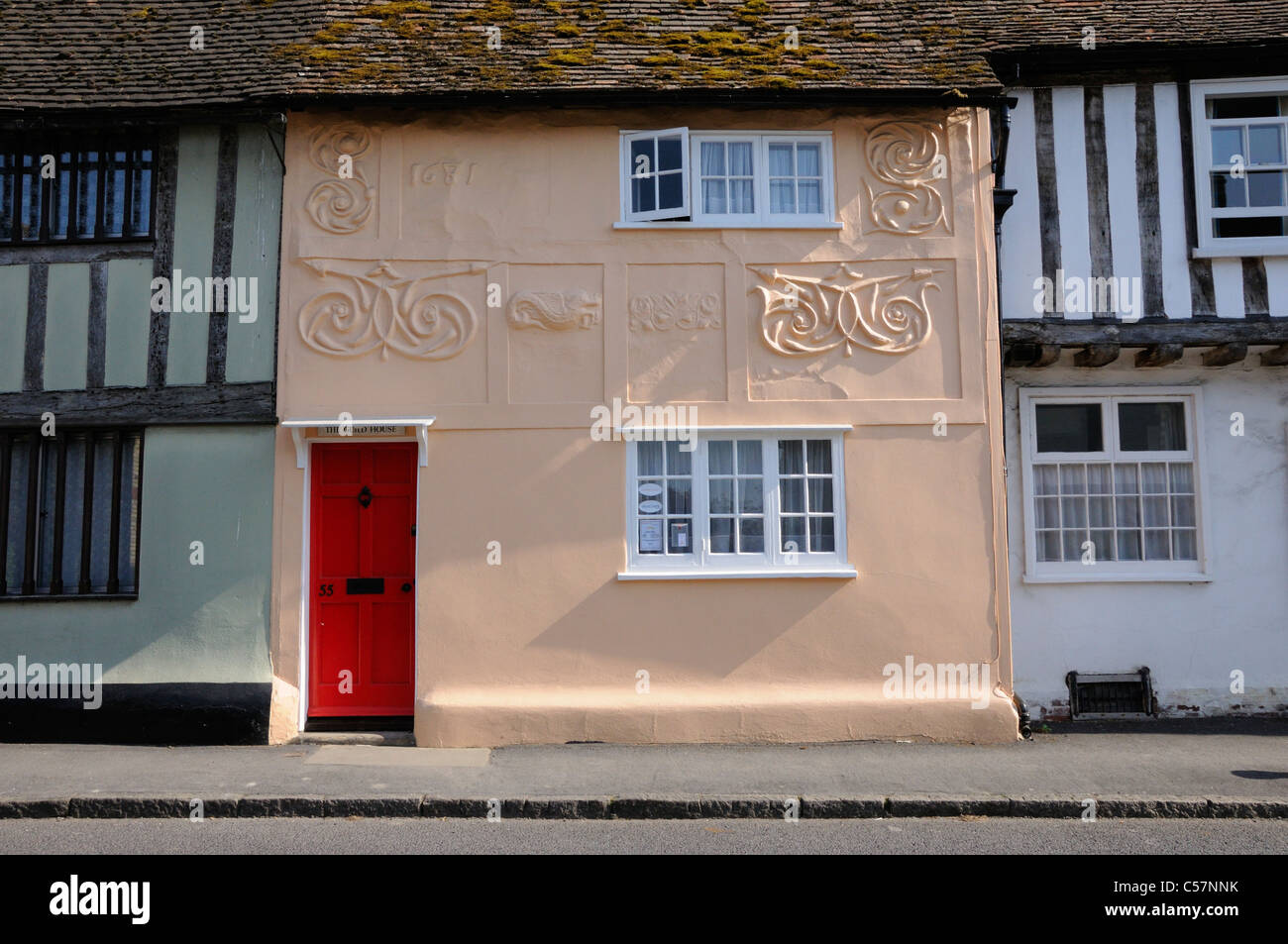 Pargetting on the exterior of a cottage in Ashwell, Herts Stock Photo