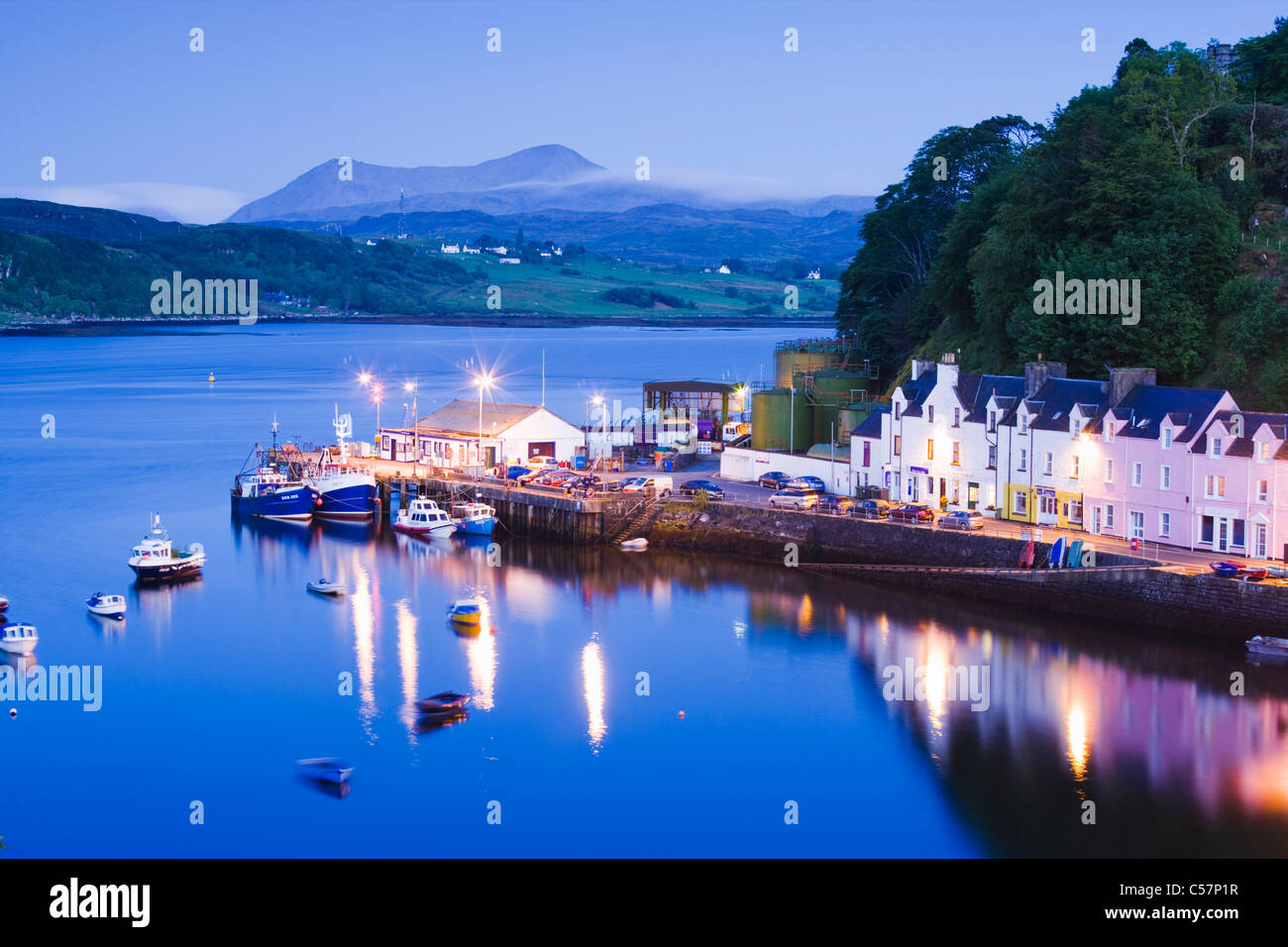Portree, Isle of Skye, Scotland, UK. Red Cuillins (Glamaig) in distance. Stock Photo