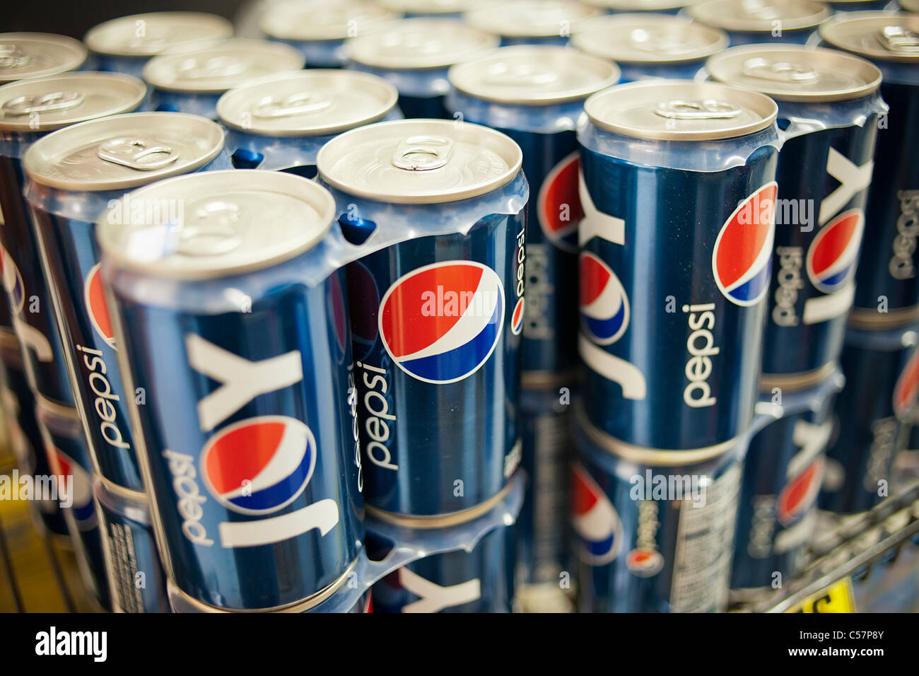 Cans of Pepsi are seen in a supermarket in New York Stock Photo
