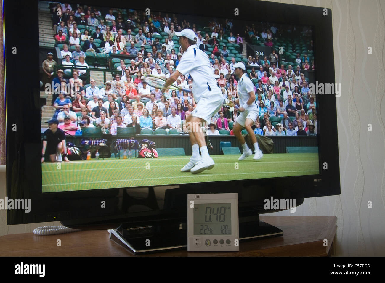 Owl electricity power usage monitor in front of a flat screen