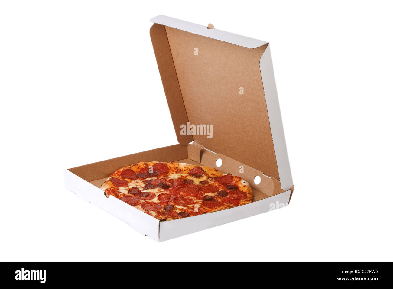 Fresh pizza in plain open box isolated on white background, Delivered fast food concept Stock Photo