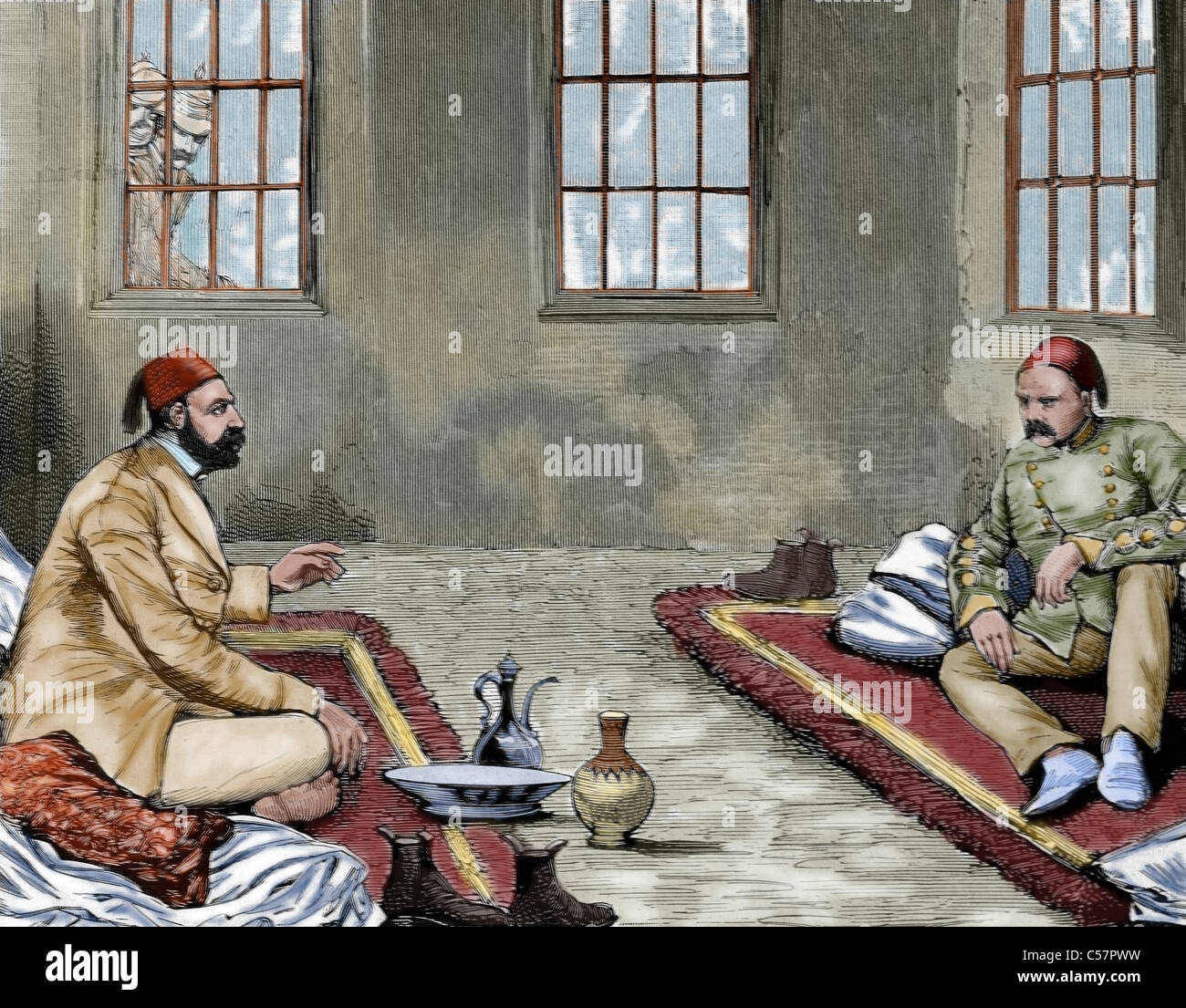 War in Egypt. Aribi-Pasha and Tulba-Pasha detained at the headquarters of Abbassiyeh. Colored engraving, 1882. Stock Photo