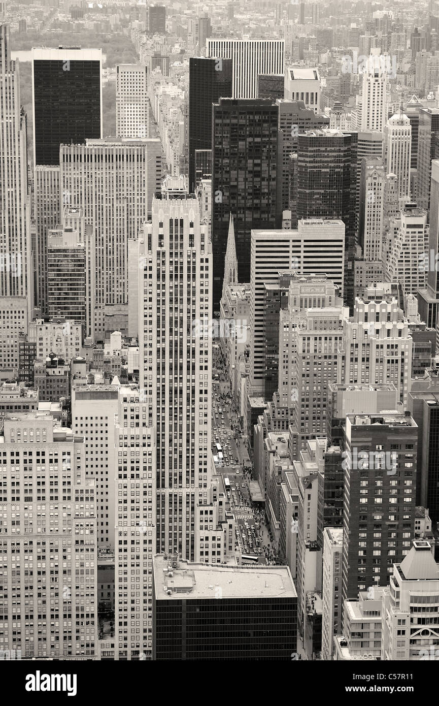 New York City Manhattan street aerial view black and white with ...