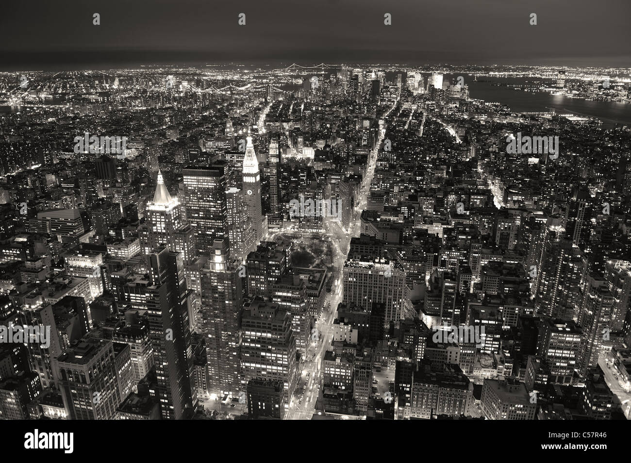 New York City Manhattan aerial view at dusk with urban city skyline and ...