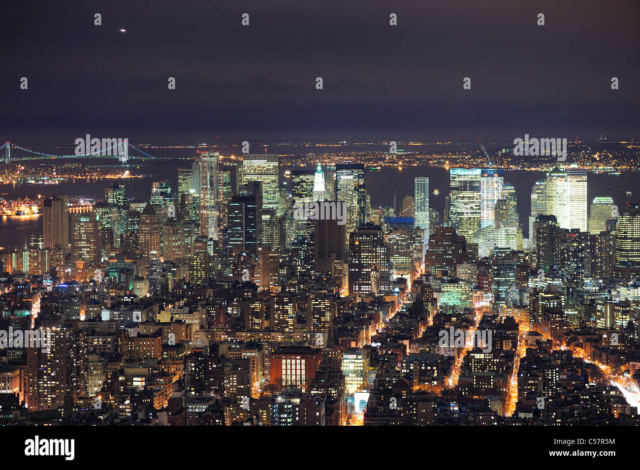 New York City Manhattan aerial view at dusk with urban city skyline and ...