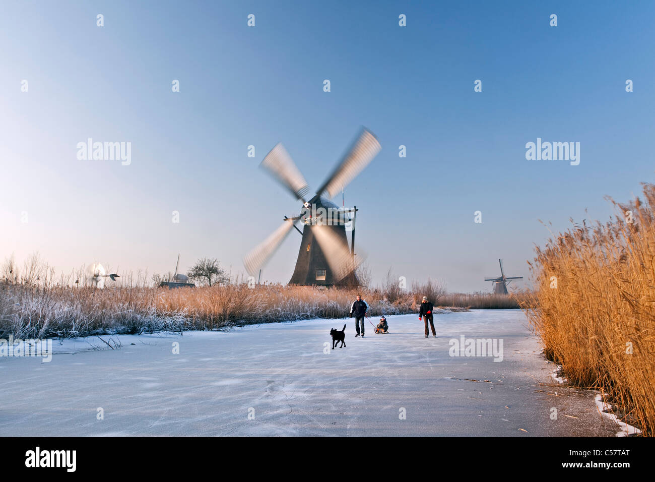 The Netherlands, Kinderdijk, Windmills, Unesco World Heritage Site. People and dog walking on ice. Stock Photo
