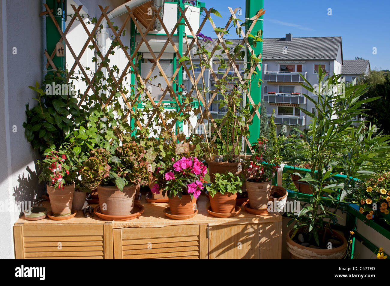 Flowerpots on a balcony of an apartment Stock Photo
