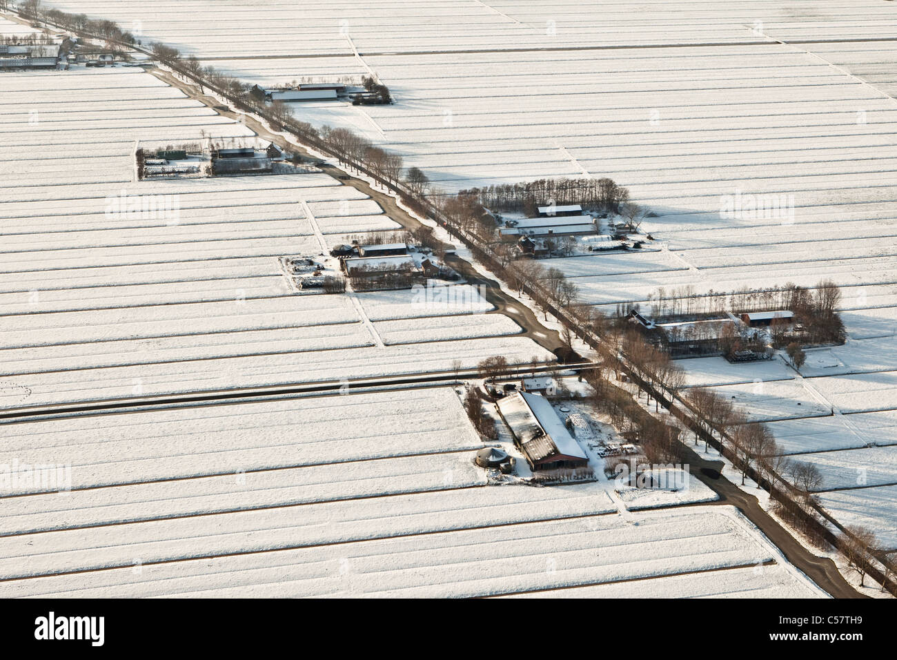 The Netherlands, near Schoonhoven, farms in snow. Aerial. Stock Photo