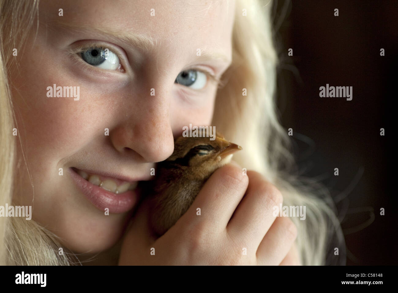Little blonde girl holding chick Stock Photo