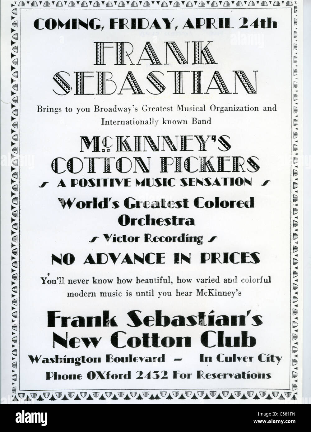 FRANK SEBASTIAN NEW COTTON CLUB advert for McKinney's Cotton Pickers about 1935 Stock Photo