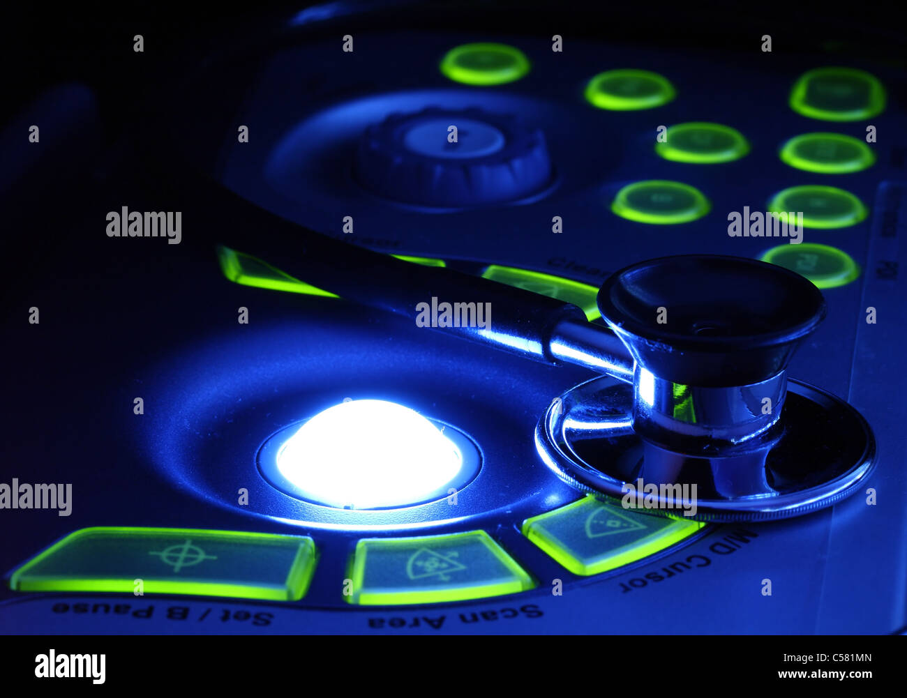 stethoscope on the ultrasound machines control panel Stock Photo Alamy