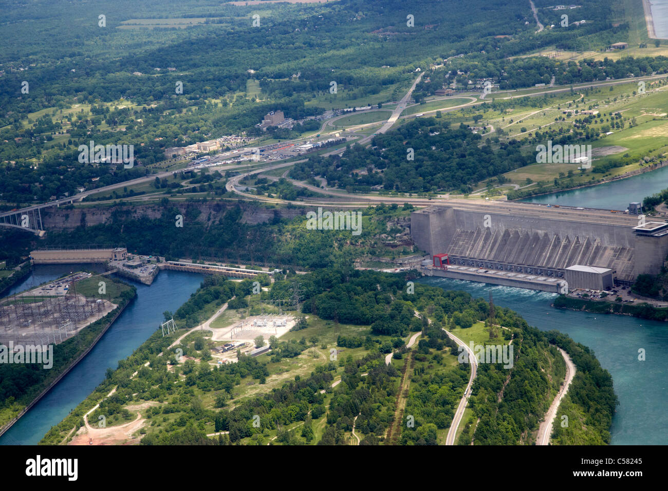 aerial view of the niagara river, the sir adam beck stations and the robert moses niagara hydroelectric power station lewiston Stock Photo