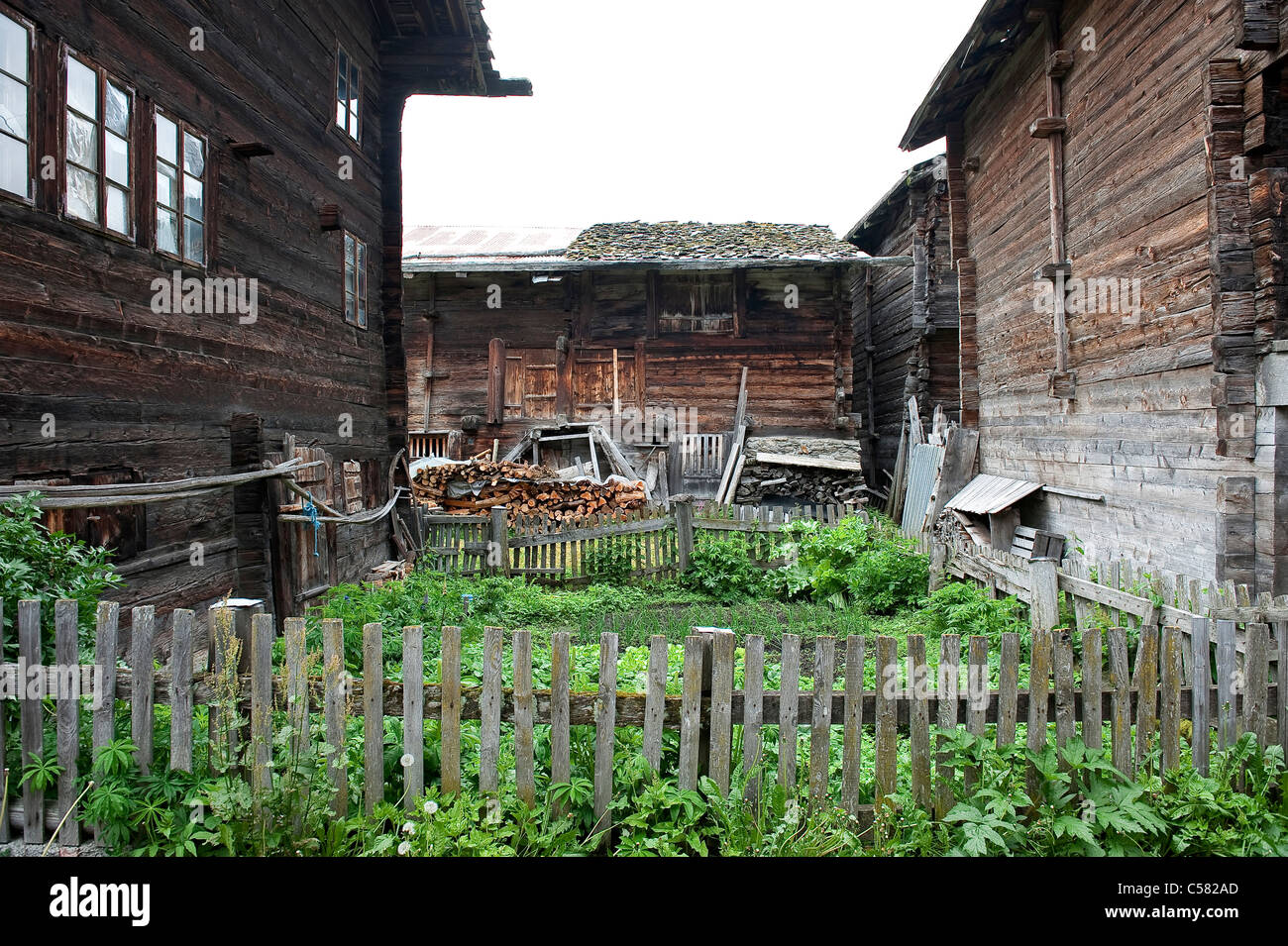 Valais, Ulrichen, timber houses, Switzerland, Europe, chalet, garden Stock Photo