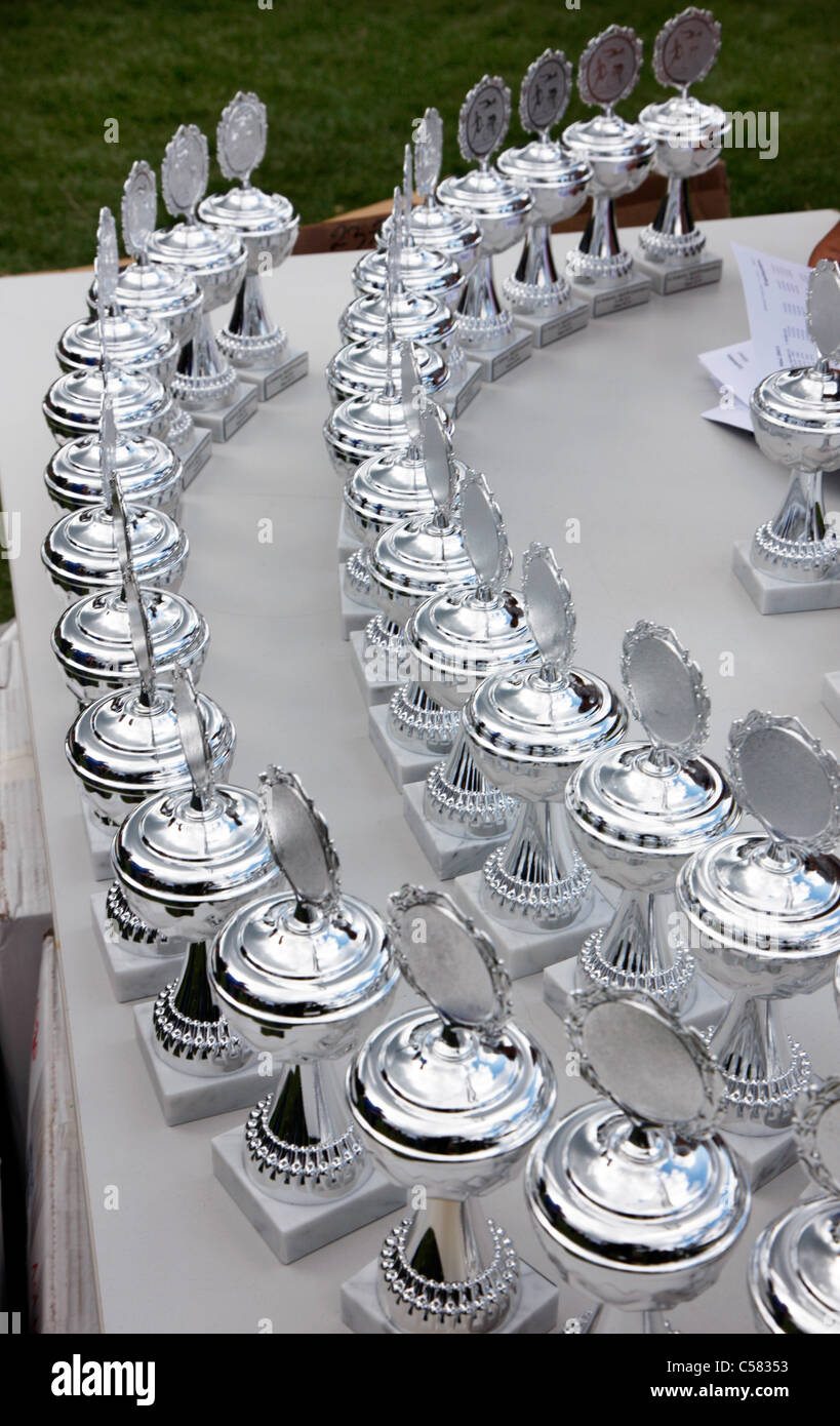 Silver cups waiting for winners of a sports competition. Stock Photo