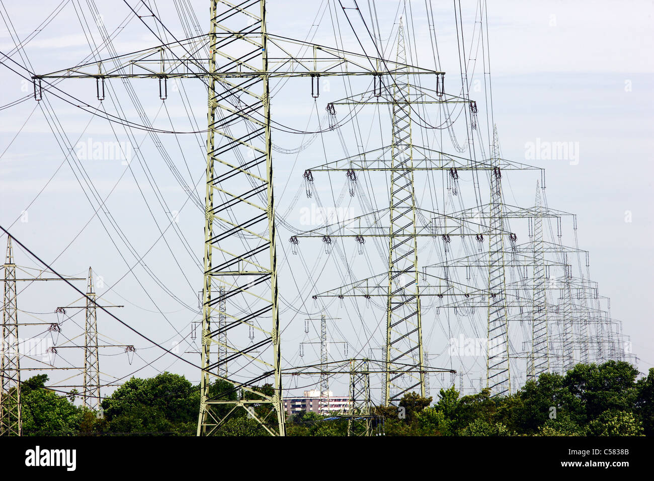 high tension power lines, high voltage power lines. Germany Stock Photo