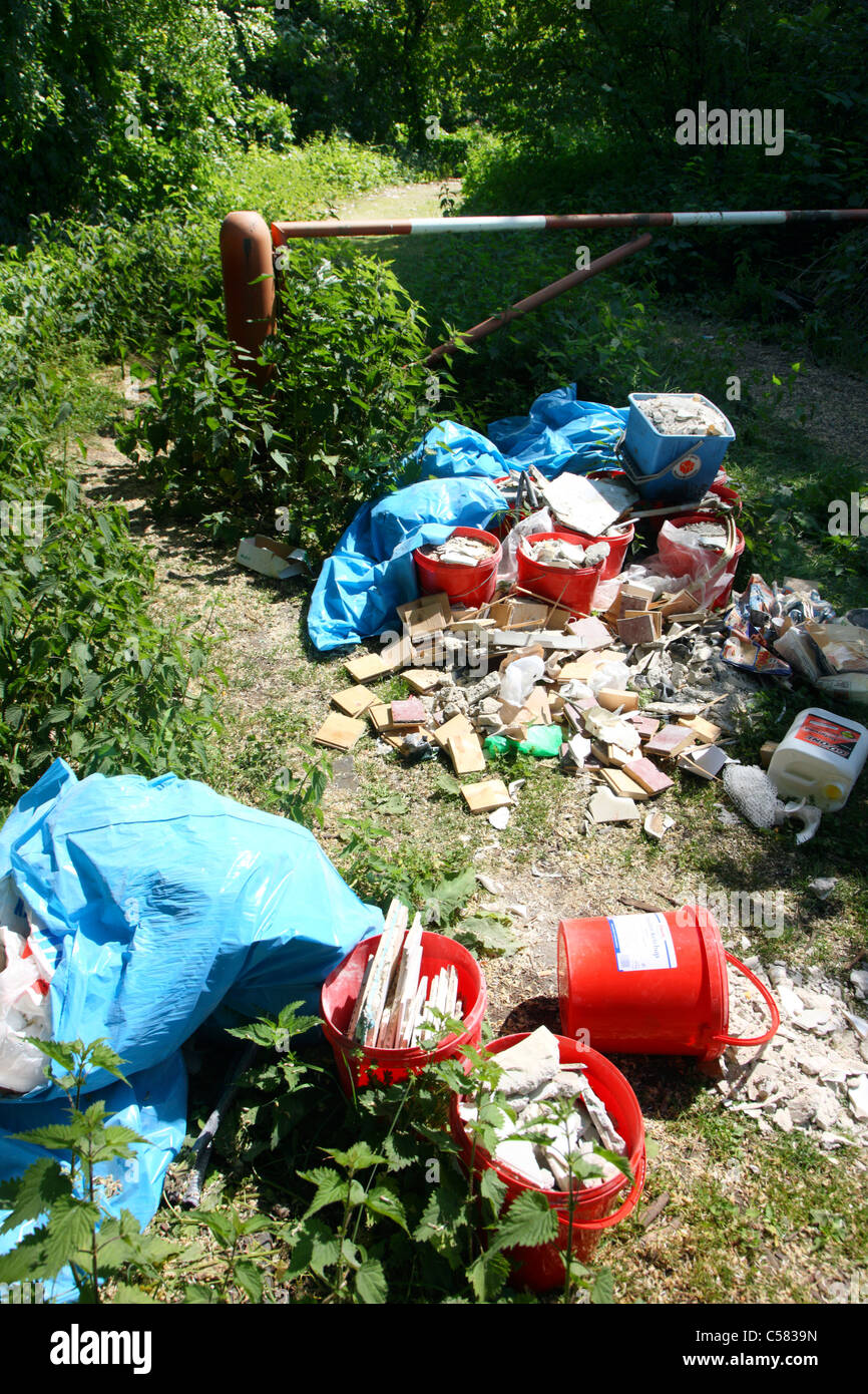 Illegal dispose of waste in a forest. Stock Photo