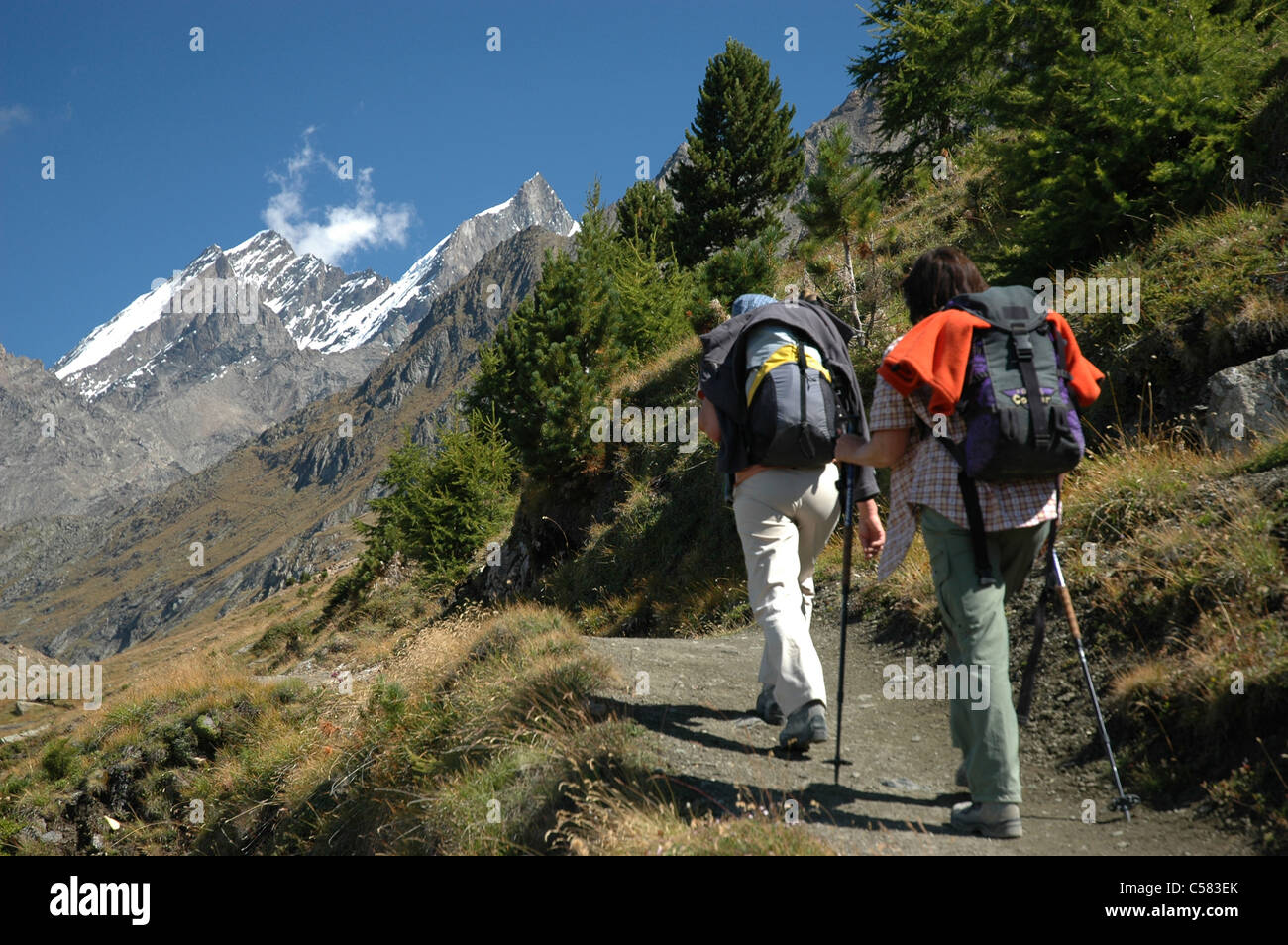 Women, walk, European way, near Zermatt, near Grachen, Mischabel, mountains, cathedral, dome, Taschhorn, Valais Alps, Switzerlan Stock Photo