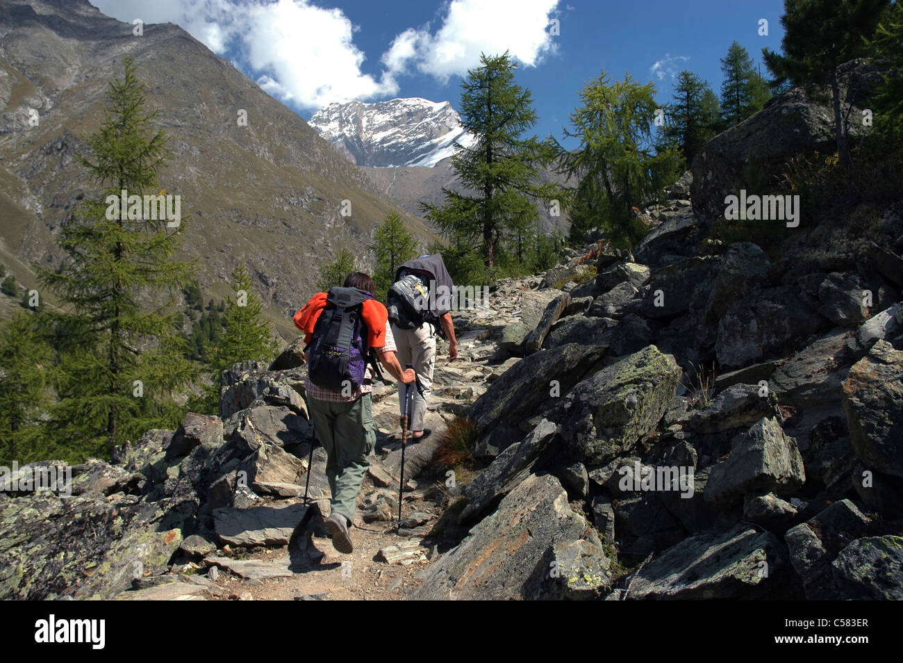 Women, walk, European way, near Zermatt, near Grachen, Rimpischhorn, mountains, Valais Alps, Switzerland, Model released, Stock Photo