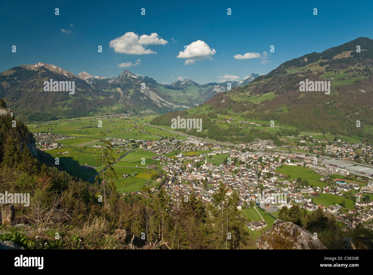 Nafels, canton Glarus, Switzerland, panorama, Alps, Linthal, scenery, town scenery, mountains, skies, outdoors, outside, Stock Photo