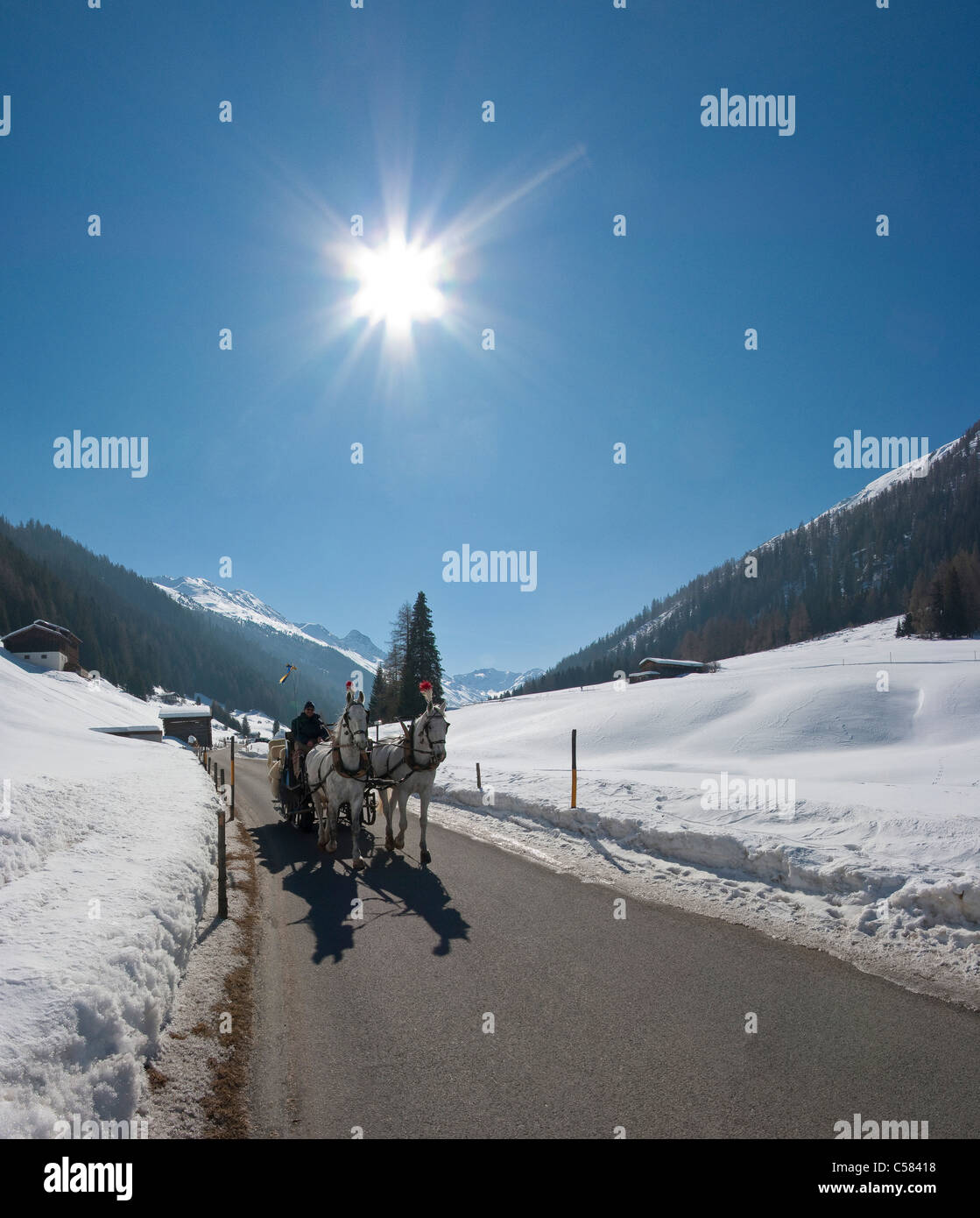 Switzerland, Graubunden, Grisons, Davos, Dischmatal, Landscape, Winter, Snow, Ice, Mountains, Hills, People, horses, carriage, Stock Photo