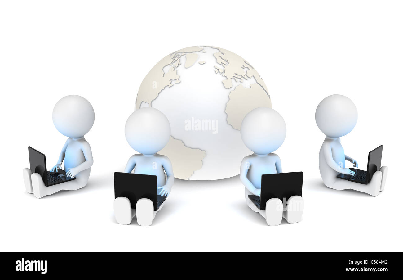 3d little human characters X4 with Laptops. Blue illuminative Screens. Stock Photo