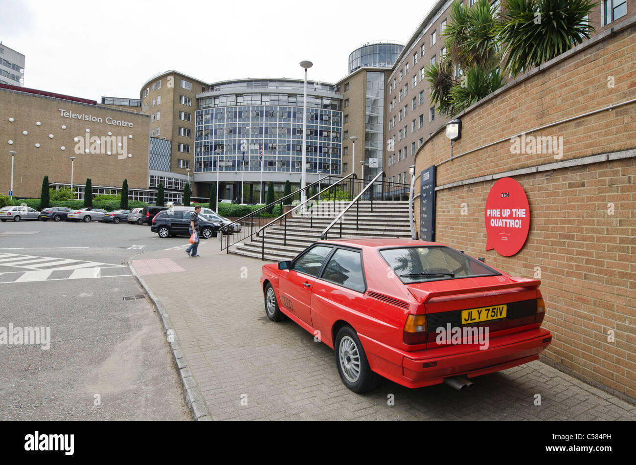 'Fire up The Quatro' Audi from Ashes to Ashes at front BBC Television Centre BBC Wood lane London Uk Stock Photo
