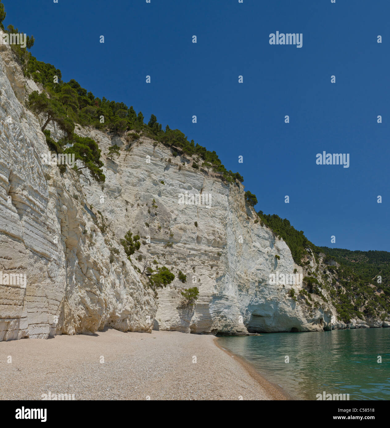 Italy, Europe, Limestone, rocks, Baia di Vignanotica, Vieste, Gargano, Puglia, landscape, water, spring, beach, sea, Stock Photo