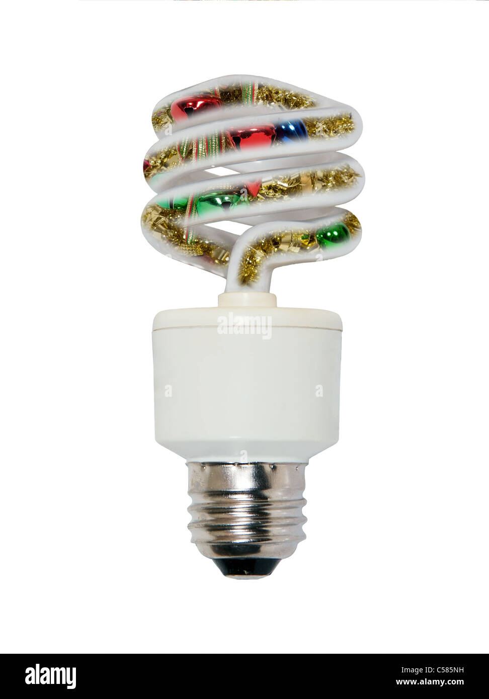 Christmas lights shown by christmas ornaments inside a spiral light