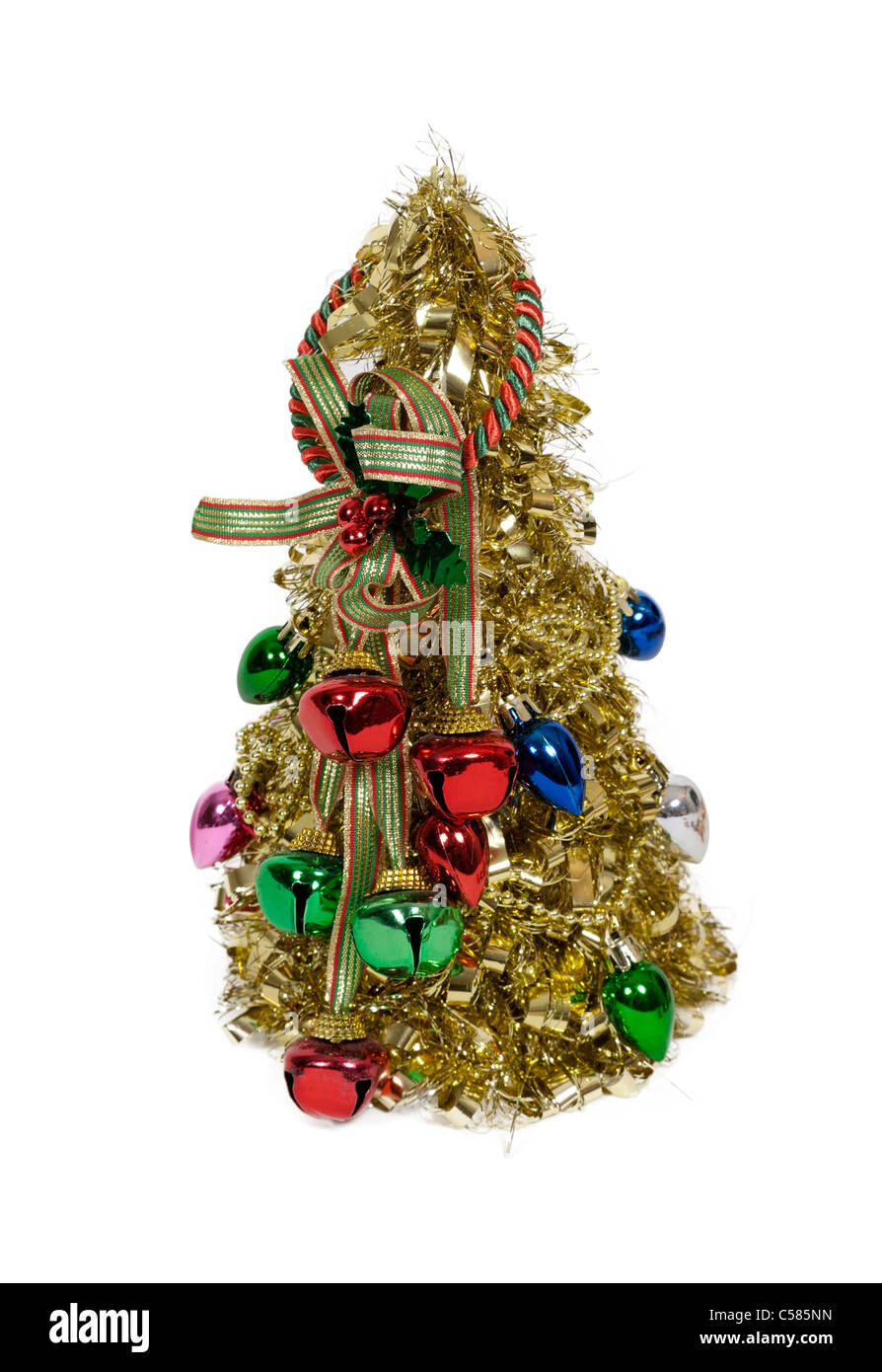 Brightly decorated golden Christmas tree with bells for celebrating the winter season - path included Stock Photo