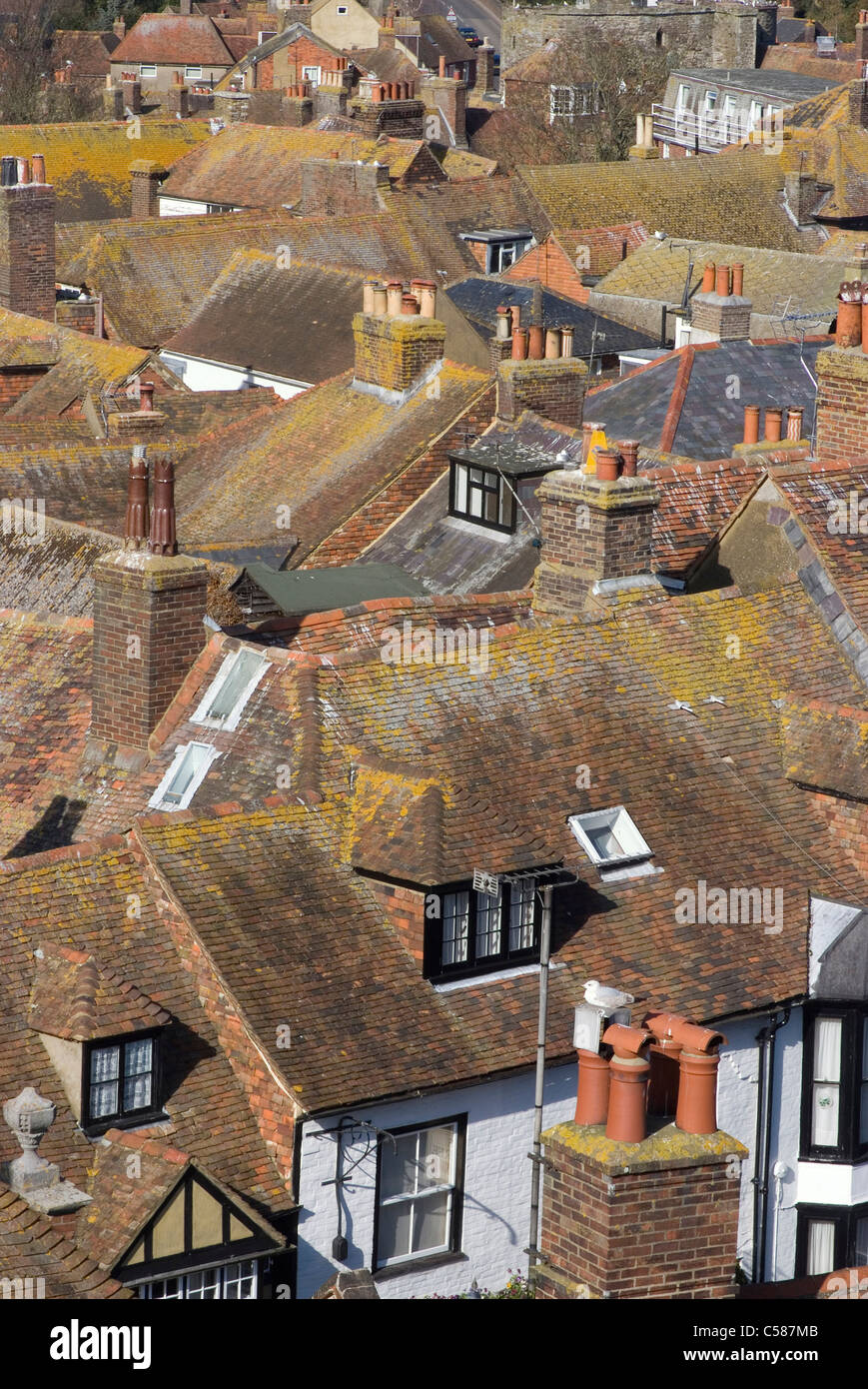 Overlook of the town roofs from the top of St Mary Church clock tower, Rye, Sussex, Englan Stock Photo