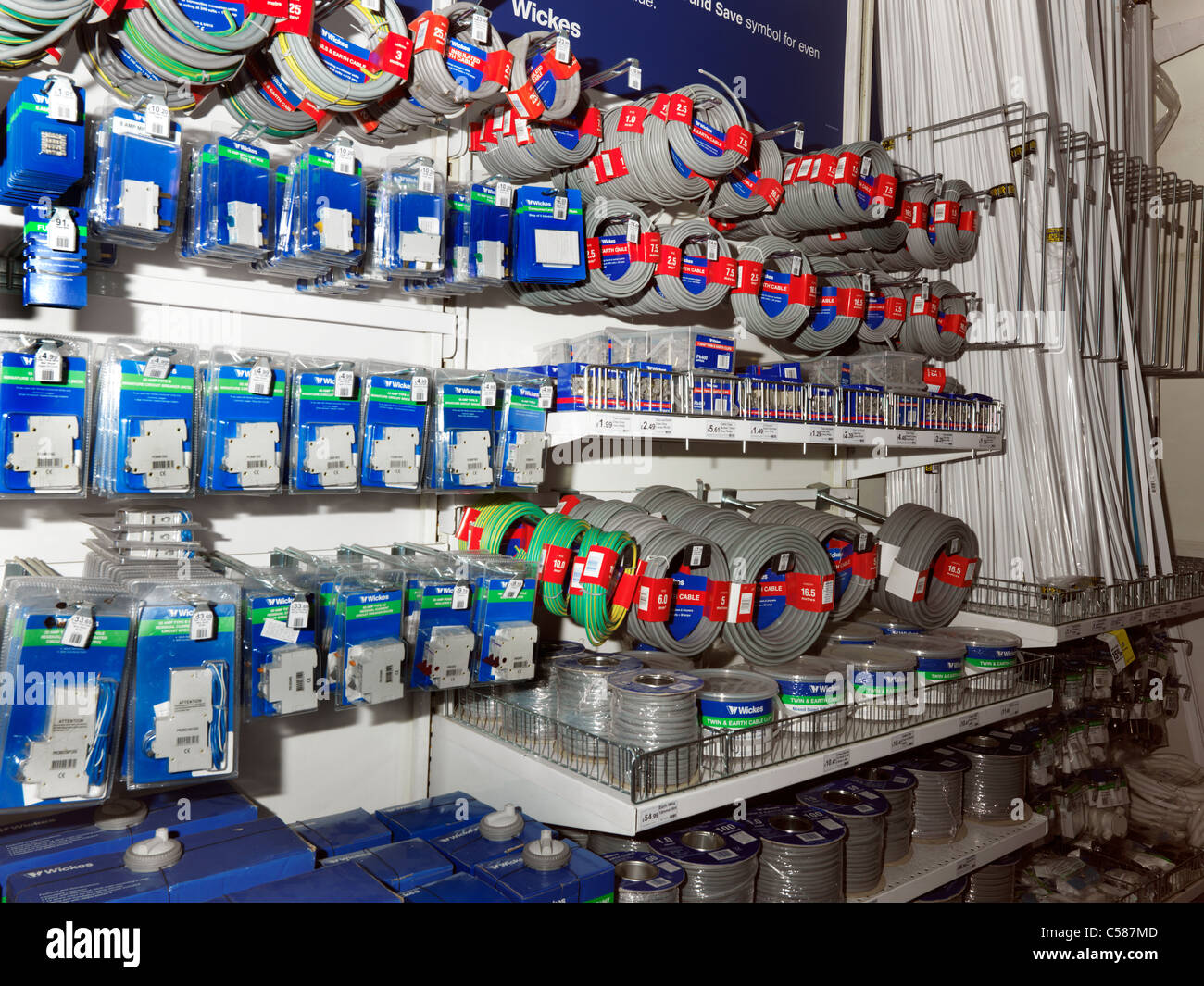 Electrical Fittings On Shelves In D.I.Y Store Circuit Breakers; Cables