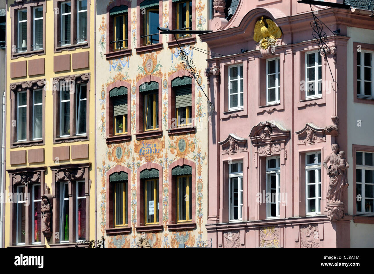 Lion's drugstore, building, construction, facade, paints, cathedral, dome, Mainz, Rhineland-Palatinate, Germany, Europe Stock Photo