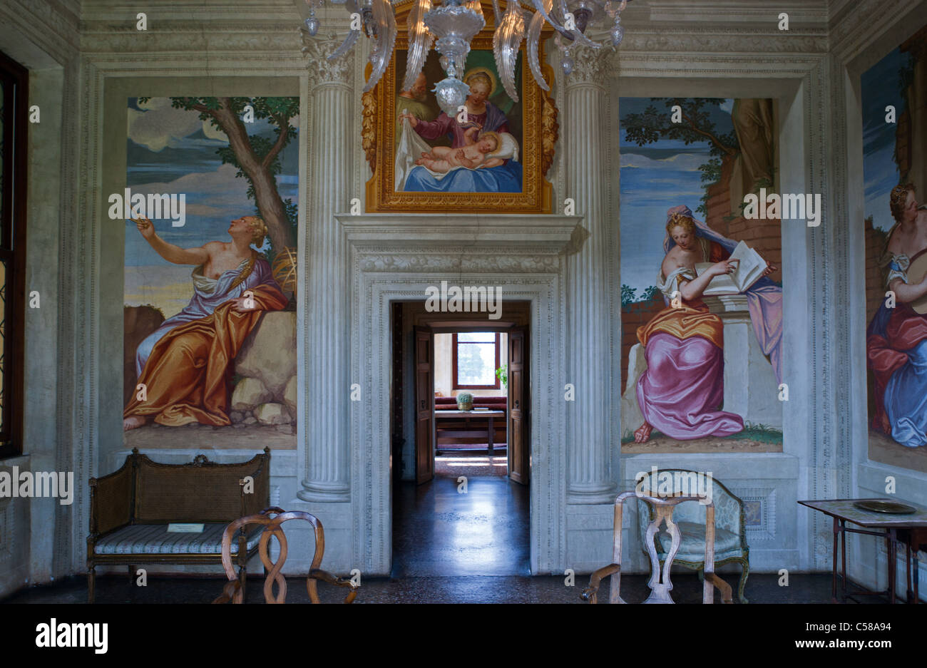Italy,Veneto, Fanzolo di Vedelago, fresco paintings of Battista Zelotti in Villa Emo halls, architect Andrea Palladio. Stock Photo